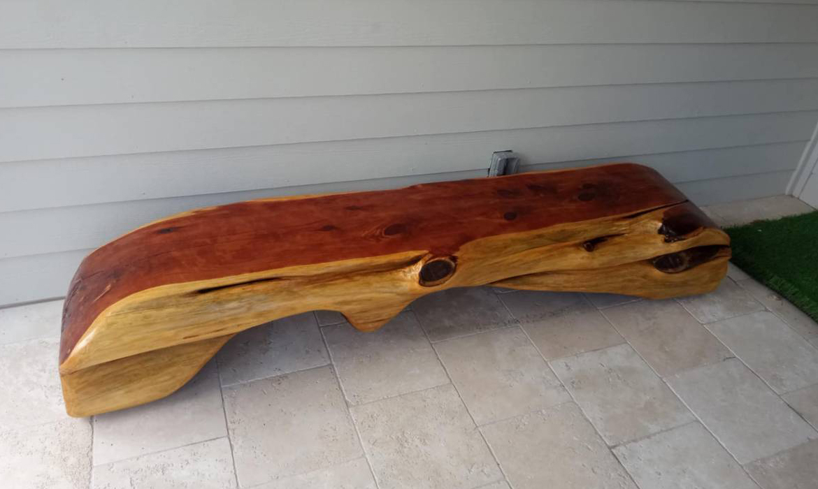 red cedar tree trunk bench